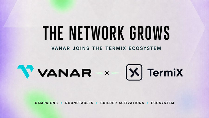 A promotional graphic announcing 'THE NETWORK GROWS' with the subtitle 'VANAR JOINS THE TERMIX ECOSYSTEM', showing the Vanar and TermiX logos side by side, and listing 'CAMPAIGNS • ROUNDTABLES • BUILDER ACTIVATIONS • ECOSYSTEM'.