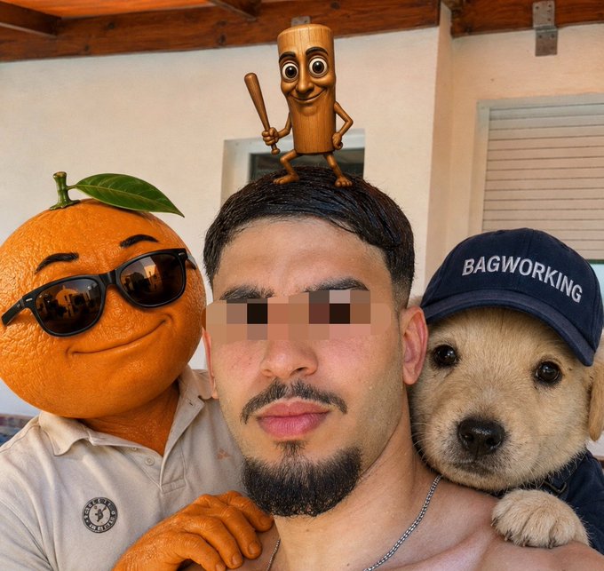 A man poses poolside with a grinning orange character wearing sunglasses on his left and a puppy in a "BAGWORKING" cap on his right, while a cartoonish wooden bar figure with a bat stands atop his head. The whimsical, meme-style photo aligns with his post hyping his crypto convictions in $Udin, $Jotchua, and $TripleT.