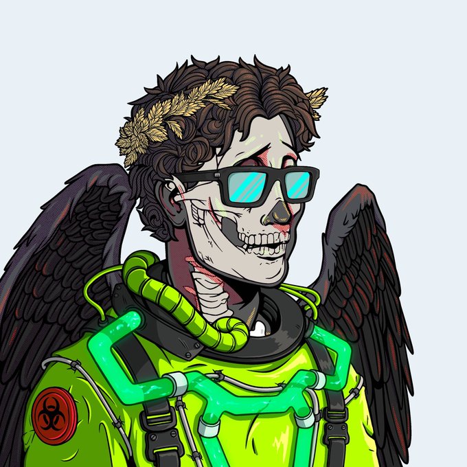 A digital illustration of a skeletal figure with black angel wings, wearing sunglasses and a bright green hazmat-style suit with tubes.