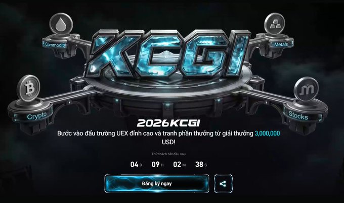 A promotional banner for '2026KCGI' featuring categories like Commodity, Metals, Crypto, and Stocks, with a prize pool of 3,000,000 USD and a countdown timer.
