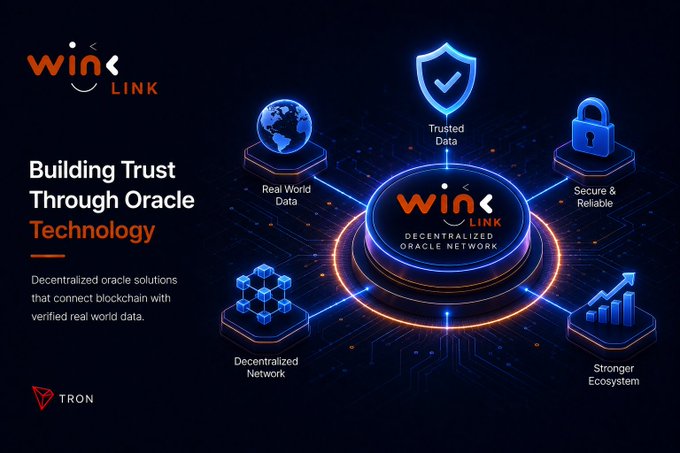 A marketing graphic for "Win.Link" featuring the title "Building Trust Through Oracle Technology" and icons for "Real World Data," "Trusted Data," "Secure & Reliable," "Decentralized Network," and "Stronger Ecosystem," along with the TRON logo.
