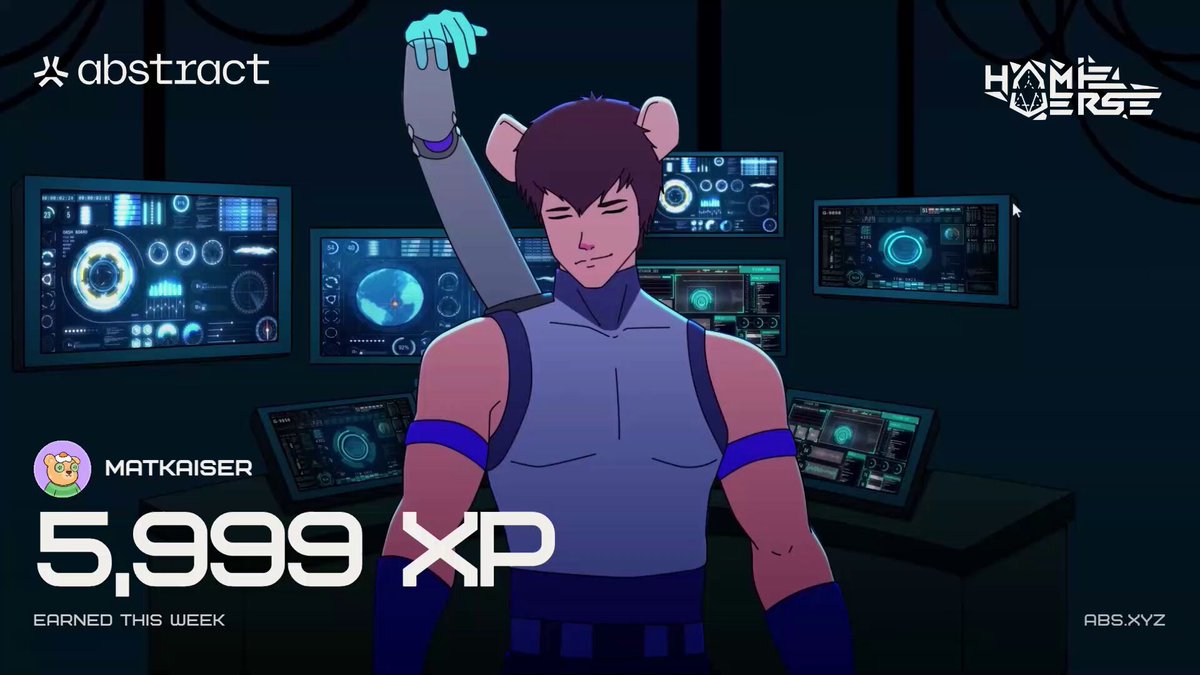 The image features a cartoon character wearing a blue shirt with arms raised up. The character has a mouse-like head, giving them a unique appearance. In front of the character, there are several monitors displaying information about the character's XP points. A caption below the image reads "Passive mode only: 5,999 XP on @AbstractChain from holding PENGU and NFTs XP card x @hamieverse". This suggests that the character is in a passive mode where they can only use their arms for XP points, but not their head or any other body parts.