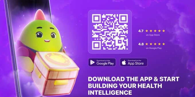 Another version of the app ad with the green mascot, QR code, 'DOWNLOAD THE APP & START BUILDING YOUR HEALTH INTELLIGENCE' text, and 4.7 App Store / 4.8 Google Play ratings.