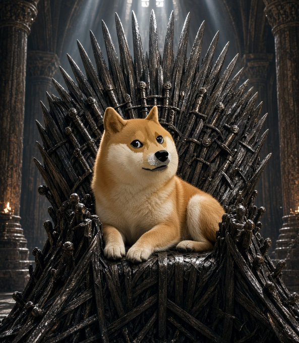 A Shiba Inu dog sits triumphantly atop a throne made of twisted swords, casting off the intimidating iron seat with its serene, smiling "doge" face. The image plays on the post's message by contrasting the grim Iron Throne with the iconic, lighthearted Doge meme, reinforcing $DOGE's position as a beloved and enduring crypto contender.