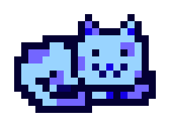 A pixel art illustration of a cute, blue cat-like creature with a dark purple outline, curled up with a content smile.