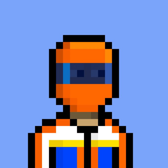 A pixel art character with an orange helmet/visor and orange, white, and blue outfit against a blue background.