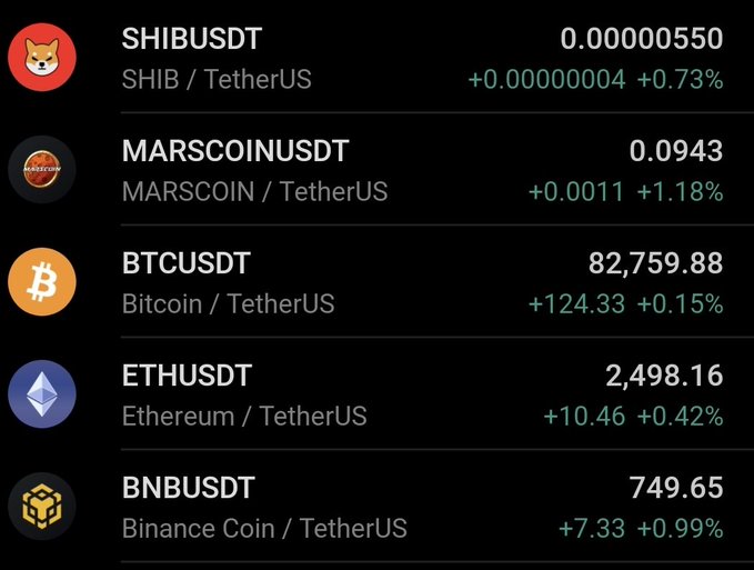 A cryptocurrency price list on a dark background showing SHIBUSDT at 0.00000550, MARSCOINUSDT at 0.0943, BTCUSDT at 82,759.88, ETHUSDT at 2,498.16, and BNBUSDT at 749.65.