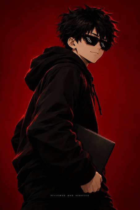 An anime-style digital illustration of a character with messy black hair wearing pixelated sunglasses and a black hoodie, holding a folder, with text 'REVIEWED AND VERIFIED' at the bottom.