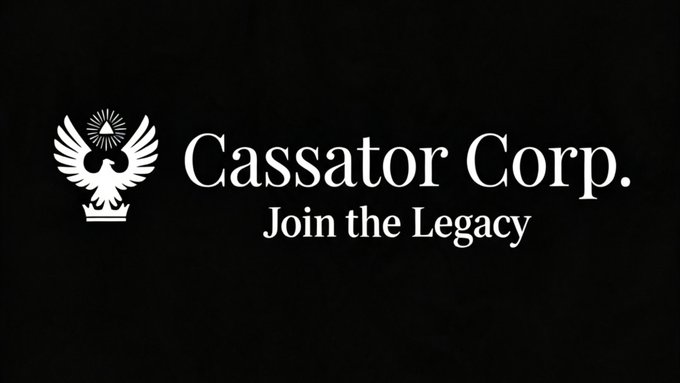 A black promotional graphic for 'Casssator Corp.' featuring a white logo of an eagle with outstretched wings above a crown, accompanied by the tagline 'Join the Legacy'.