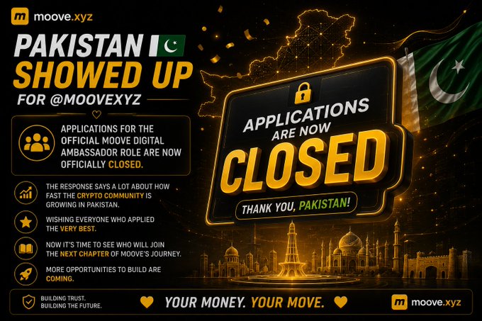 A promotional graphic from moove.xyz titled "PAKISTAN SHOWED UP" announcing that applications for the official Moove Digital Ambassador role are closed, featuring the Pakistani flag.