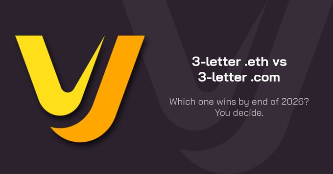 The image features a purple background with an orange "V" logo, which appears to be a symbol for a 3-letter email address or website. Below this logo, there's text that reads "3-letter eth vs 3-letter com", suggesting a comparison between different types of emails or websites. The text also includes the phrase "which one wins by end of 2026.com" and "which one you decide". This implies that the image is related to an ongoing discussion about the value of 3-letter emails compared to other email services, possibly in terms of their longevity and popularity among users.