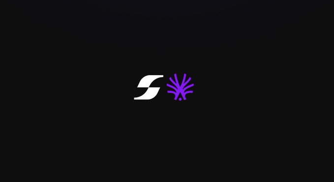 A minimalist black screen displaying two small logos side-by-side in the center: a white stylized 'S' and a purple hand-like emblem.