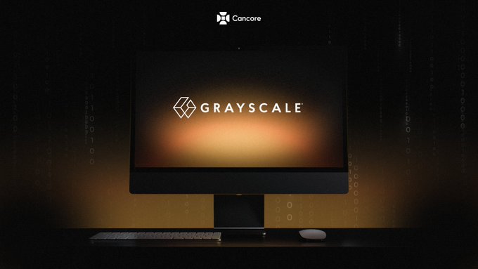 The image features a computer monitor with the word "Grayscale" displayed on its screen, along with a keyboard and mouse nearby. Below the monitor, there's text that reads "Cannore just named the four blockchains best positioned for institutional capital under the CLARITY Act. Ethereum. Solana. BNB Chain". The image also includes a small amount of text about the four blockchains being named by the company.