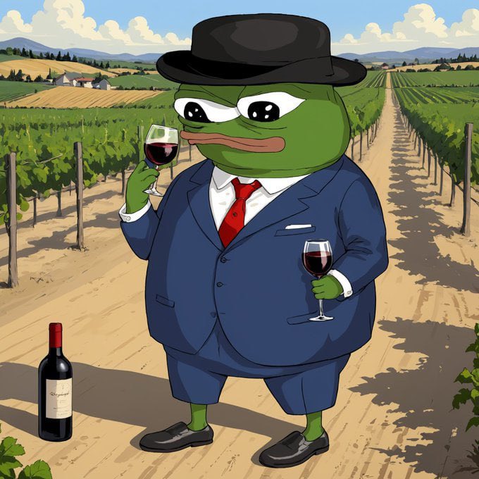 A rotund Pepe the Frog dressed in a sharp navy suit, red tie, and black fedora stands in a vineyard, holding two glasses of red wine with a wine bottle at his feet. The image playfully complements the "GM have a fantastic Sunday guys!" message by evoking a relaxed, classy weekend vibe perfect for Sunday wine tasting.