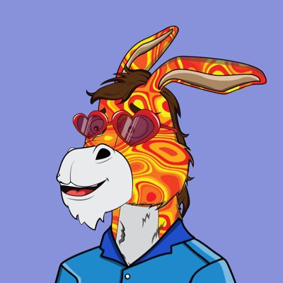 A cartoon illustration of a donkey-like character wearing heart-shaped sunglasses and a blue shirt against a purple background, styled in an orange patterned texture.