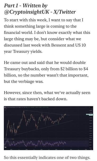 A Twitter/X post by @CryptoInsightUK discussing financial markets, Treasury buybacks, and US 10 year Treasury yields, accompanied by a chart showing market data.