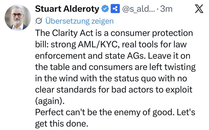 The image shows a tweet from Stuart Alderoty urging the passage of the Clarity Act, a consumer protection bill that he states will implement strong AML/KYC and provide tools for law enforcement. The tweet's message directly relates to the accompanying post, as Alderoty calls for action with "Let's get this done!"