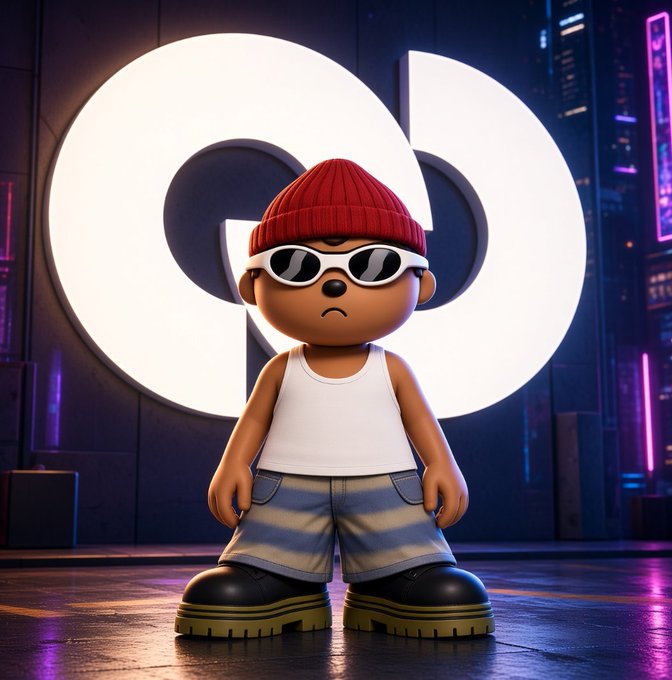 A stylized 3D cartoon figure wearing a red beanie, white sunglasses, tank top, and denim shorts stands in a futuristic neon-lit cityscape with a large illuminated "C" logo behind it, visually tying into the CashmereLabs branding featured in the post about building autonomous monetary infrastructure for stablecoins.