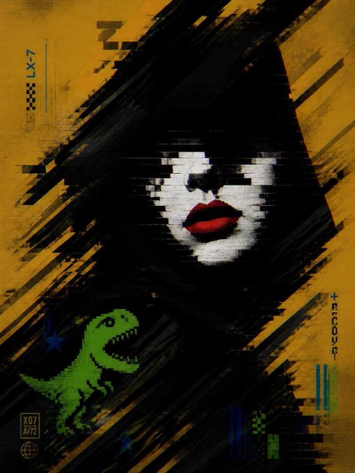 A stylized digital artwork with a glitch aesthetic, featuring a face obscured by black bars with bright red lips visible, alongside a green dinosaur graphic on a yellow background.