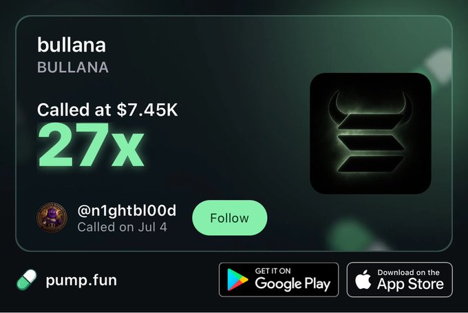 A pump.fun achievement card celebrating user @n1ghtbl00d's 27x call on the token "BULLANA" at $7.45K on July 4, featuring a black bull icon, the Bullana logo, and app download links for Google Play and the App Store.
