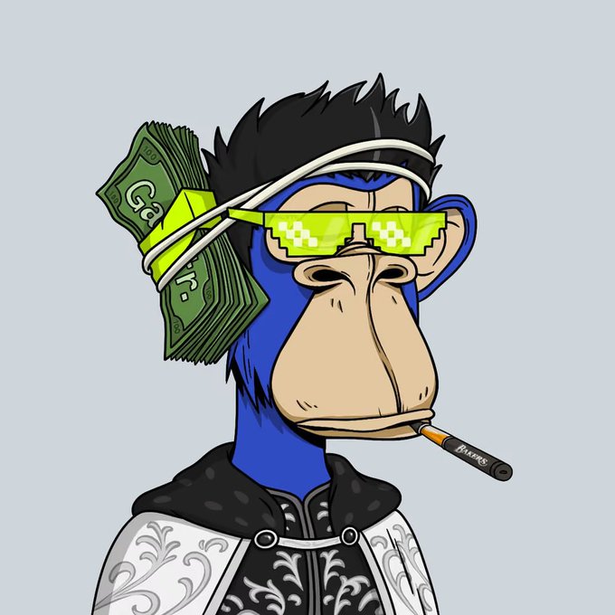 A cartoon illustration of a blue Bored Ape-style NFT character wearing pixelated green sunglasses, smoking a 'Black Ice' cigar, with a stack of cash tucked into its headband.