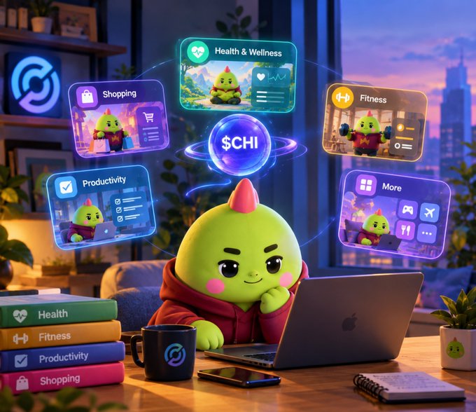 A digital illustration features a green mascot character using a laptop, with floating panels labeled 'Health & Wellness,' 'Shopping,' 'Productivity,' 'Fitness,' and 'More' orbiting a central '$CHI' coin.