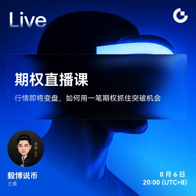 A promotional graphic for a live options trading class featuring a person wearing a VR-style headset against a blue background, advertising "期权直播课" (Options Live Class) hosted by 毅博说币 (Yi Bo Says Crypto) on August 6th at 20:00 (UTC+8), with the tagline about using a Call option to capture BTC breakout opportunities without high leverage risks.