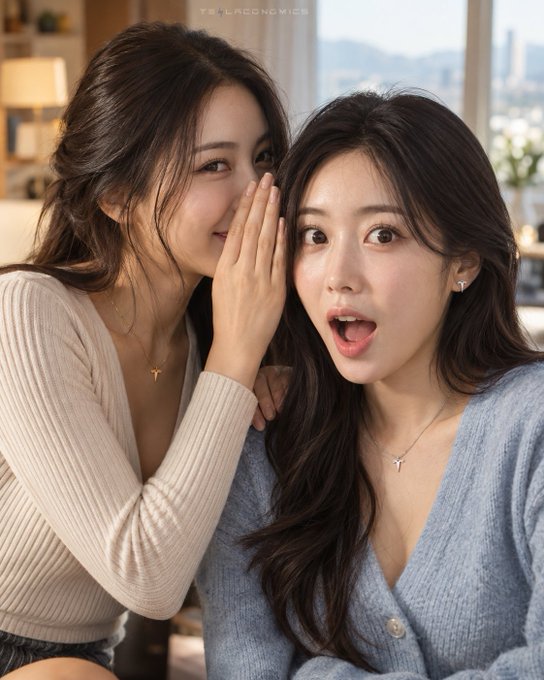 Two young women pose closely, one with hands cupped whispering, the other with an open-mouthed surprised expression; small text 'TS_LACONIEWS' is visible at the top.