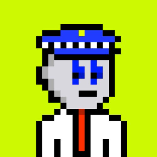 A pixel art character with a grey face, blue markings, and a blue and white cap against a bright yellow-green background.