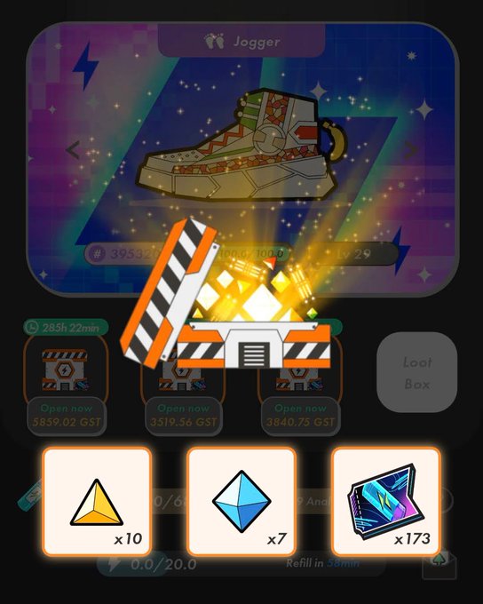 A mobile game loot box screen showing an opening crate with a 'Jogger' sneaker item revealed, with GST currency options and reward icons for gems and cards below.