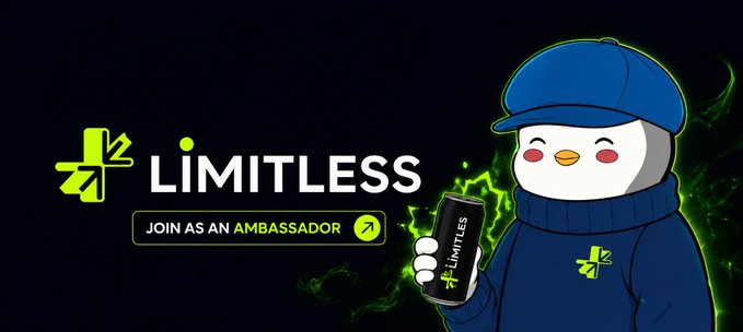 A promotional banner for 'LIMITLESS' featuring a penguin mascot in a blue cap and sweater holding a phone, with text 'JOIN AS AN AMBASSADOR' against a green smoke background.