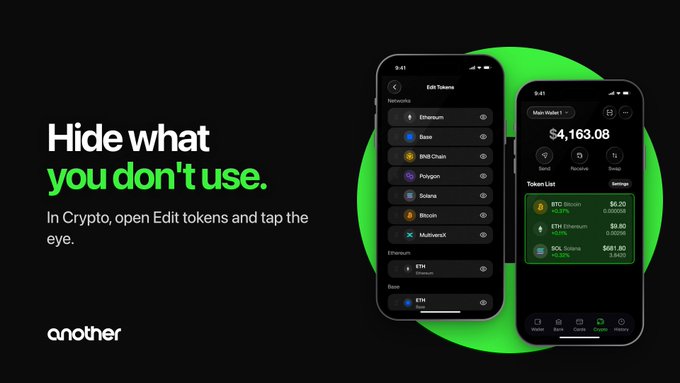 An advertisement for the crypto app "another" displays the headline "Hide what you don't use" with instructions to use the Edit Tokens feature, showing two phone screens with cryptocurrency token lists including Ethereum, Bitcoin, Polygon, Solana, and Bitcoin Cash.