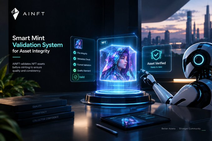 An AINFT promotional graphic for a 'Smart Mint Validation System for Asset Integrity' featuring a holographic NFT of a hooded figure, with checkmarks for File Integrity, Metadata Check, Format Validation, and Quality Standard, plus an 'Asset Verified' badge and a robotic figure.