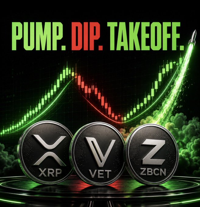 Promotional graphic with bold text 'PUMP. DIP. TAKEOFF.' above three metallic coins labeled XRP, VET, and ZBCN, with a green and red chart background and a rocket trajectory.