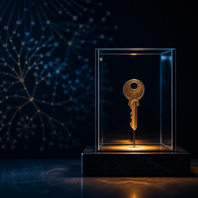 A golden key is displayed inside a transparent glass case illuminated by warm light, set against a dark blue background featuring an abstract network or constellation pattern, suggesting themes of cryptography or digital security.