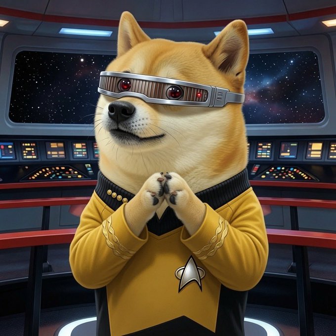 A digital illustration of a Shiba Inu dog wearing a yellow Star Trek-style uniform and a futuristic silver visor, posed like a Vulcan in a spaceship bridge setting.
