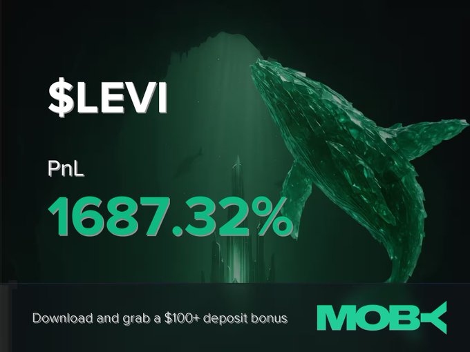 A promotional graphic for Moby Mobile displays a winning trade alert for the $LEVI token, showcasing an impressive PnL of 1687.32% alongside a green crystal whale illustration, with a call-to-action to "Download and grab a $100+ deposit bonus." The image visually reinforces the post's celebration of a trader's massive gain on the trending $LEVI position, tying the dramatic underwater whale imagery to the success of catching a big move from $71.63K to $630.43K market cap.