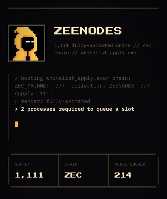 A terminal-style interface displays information for 'ZEENODES', advertising '1,111 fully-animated units' on the 'ZEC' chain, with current stats showing a supply of 1,111 and 214 nodes queued.