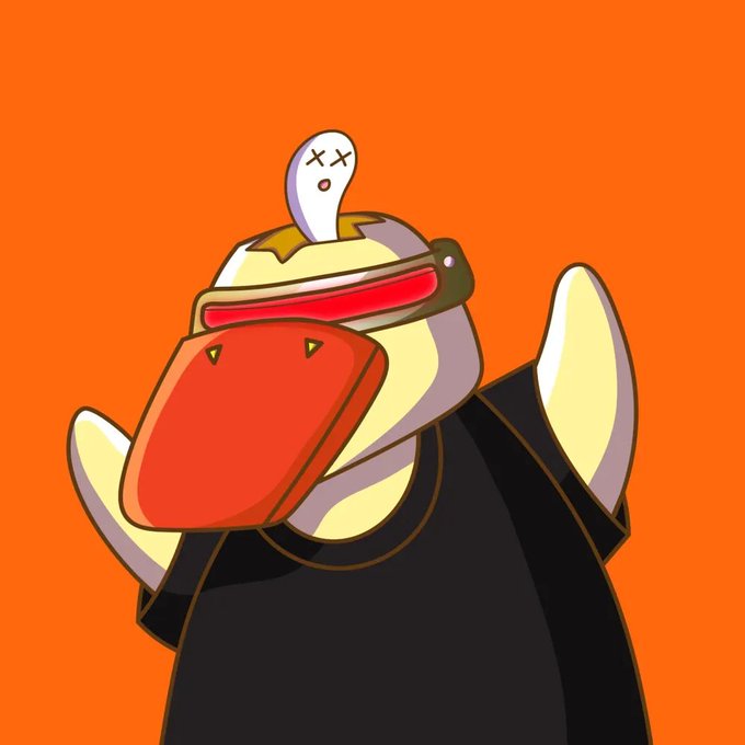 A cartoon character with a small white ghost-like figure with 'X X' eyes emerging from its head, wearing a red rectangular mouth and a black cloak, set against an orange background.