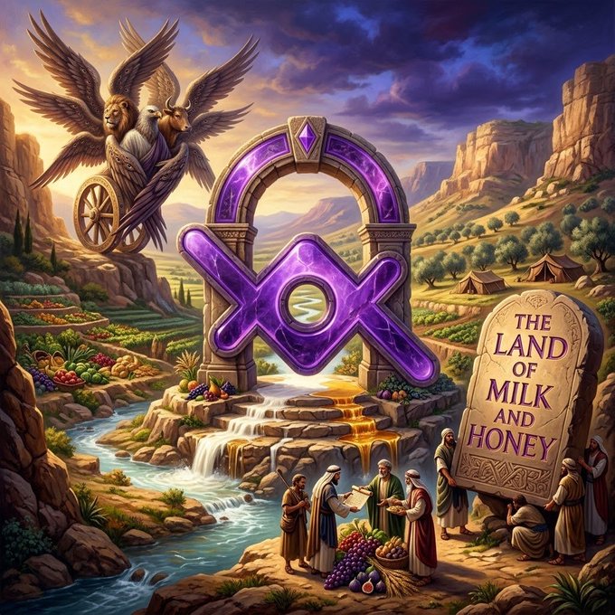 The image depicts a fantasy biblical scene featuring a glowing purple portal archway with intersecting geometric symbols, winged creatures resembling the biblical four living creatures (lion, ox, eagle, and man), figures in ancient robes trading goods, and a stone tablet reading "THE LAND OF MILK AND HONEY," with flowing rivers and lush orchards—all symbolizing the promised abundance associated with the $LOAN Protocol's messaging.