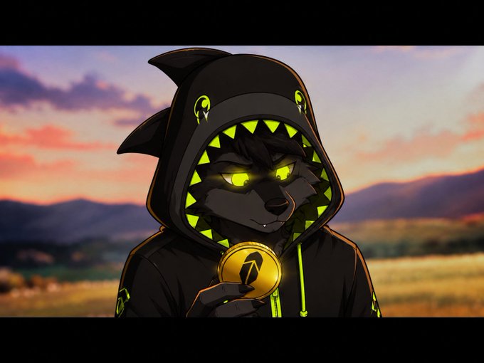 An animated anthropomorphic character wearing a black hoodie with neon green accents and tooth-like patterns on the hood, holding a glowing golden coin with a geometric symbol against a sunset mountain landscape.