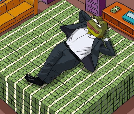 A cartoon frog-headed character in a business suit relaxes with hands behind his head on a bed covered entirely in stacks of cash, while a dresser in the corner shows additional bundles of money—matching the post's humor about briefly seeing green in a portfolio and prematurely fantasizing about retirement.