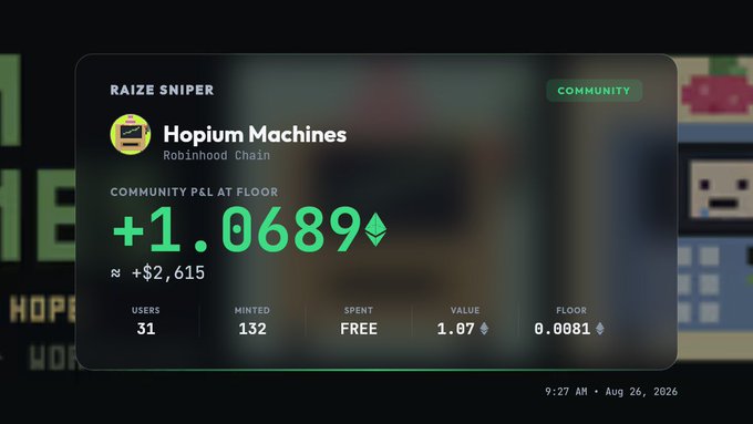 A digital display showing 'Hopium Machines' on Robinhood Chain with a community P&L at floor of +1.0689 (~$2,615), 31 users, 132 minted, free spent, dated August 26, 2026.