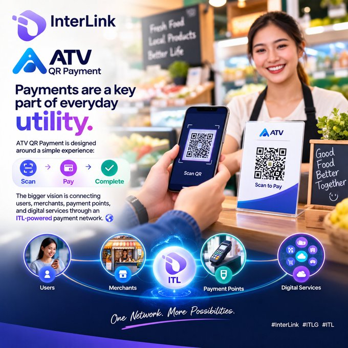An advertisement for ATV QR Payment and InterLink featuring a smiling cashier, a customer scanning a QR code, and the tagline 'One Network. More Possibilities.'