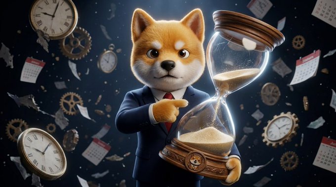 A digital illustration of a dog dressed in a business suit, pointing at an hourglass surrounded by floating clocks, gears, and calendar pages.