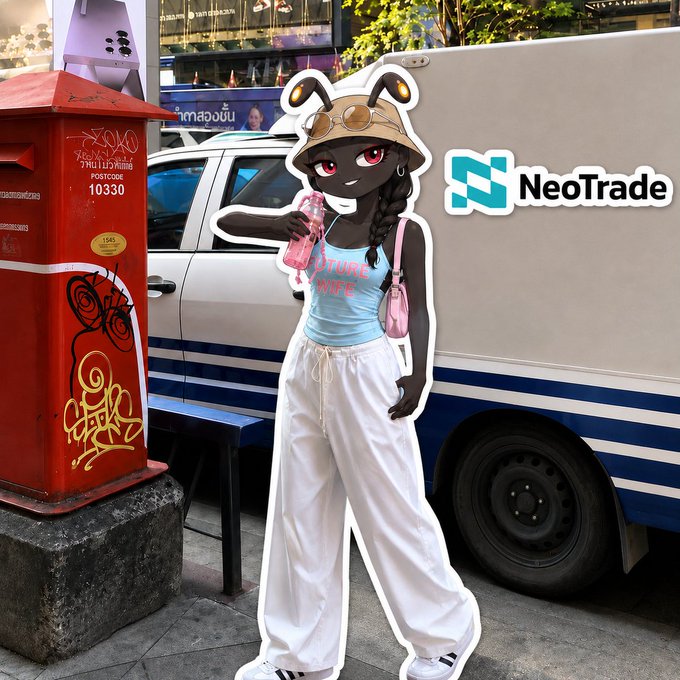 A real-world photo of an anime character standee wearing a fire ant hat and 'Future Firece' tank top, with the NeoTrade logo overlaid on the right, set against a street backdrop with a red mailbox and white truck.