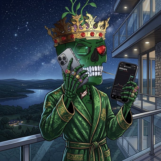 An illustration features a green-skinned skeletal figure in a green robe and crown, holding an iPhone and a phone displaying 'SOEADS' with charts on a balcony at night.