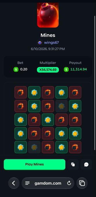 A screenshot from gamdom.com shows a Mines game result where user "wings67" placed a $0.20 bet that hit a 56,574.69x multiplier, resulting in an $11,314.94 payout on 6/10/2026. The massive win from a tiny stake explains the poster's claim that Gamdom won't be pleased about the enormous payout.
