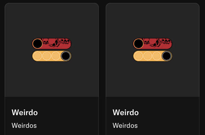 Two identical game cards titled 'Weirdo' with illustrations showing a red bar with skulls and shadows above a yellow bar with circular slots.