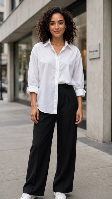 A young woman standing outside wearing a white button-down shirt and black wide-leg trousers.